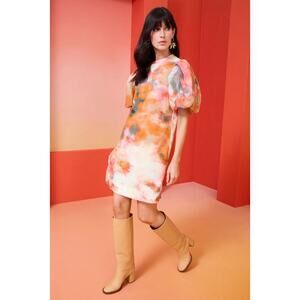 Marie Oliver Womens Evie Dress Autumn Sky Puff Sleeve Tie Dye Mini Dress Small